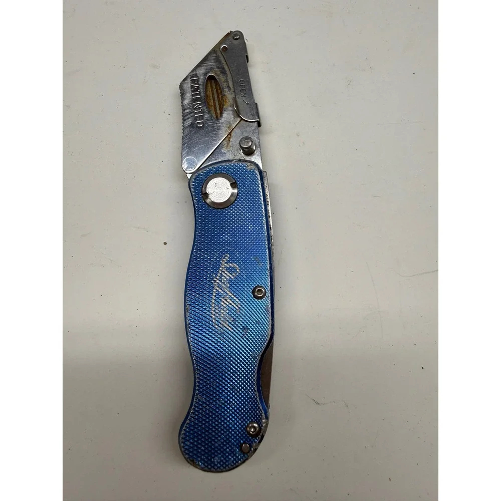 Sheffield Folding Utility Knife Blue Textured Aluminum Handle Pocket Clip